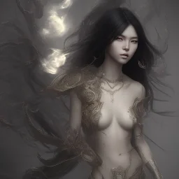 Son Ye-jin long black hair goddess xtreme detailed, 4k, intricate, fog effects, smoke effects