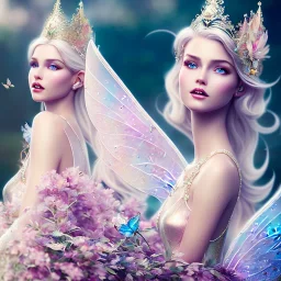 fantasy fairy with transparent wings, smiling, make up, tatoo, elven crown, long platinum blond hair, pink dress, octane render