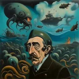 High concept art, style of Salvador Dali aesthetic, matte oil painting on canvas, in an empty field a deep-sea diver who has a television screen on his helmet broadcasting a picture of a school of eels with human heads, sinister, concept art, oddball masterpiece, sfumato, complex contrast