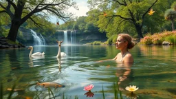 very beautifu lady is swimming in a beautiful river in country side with water falls and big tree,wild flowers and, swans pertty coloful fishes in river ,a pretty Deer with horns in inside plants,butterflies around flowers,heaven escape,