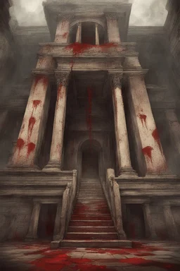 Broken temple with the floor covered in blood, detailed painting, sky of blood, bloody stone, creepy