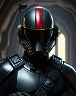 star wars bald male corellian pilot wearing pearlescent black and gunmetal grey First Order special forces heavy assault armor and full face helmet with gold and metallic red visor and trim inside the jedi temple, centered portrait, hyperdetailed, dynamic lighting, hyperdetailed background, 8k resolution, volumetric lighting, light skin, fully symmetric details