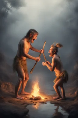 Create an image of two prehistoric human characters in an early Stone Age setting, surrounded by a dusky, misty environment suggestive of early morning. One character is bending over, inadvertently creating a stream of fire from their posterior, a humorous play on the discovery of fire. The other character, standing upright, is holding a primitive tool and laughing heartily at the scene. Both are wearing rough animal fur clothing. The scene is lighthearted, capturing a comedic moment between tw