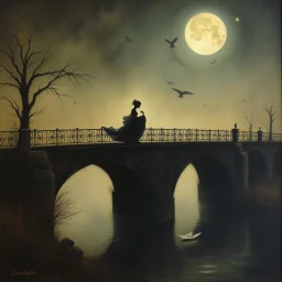 THE GHOST IS STILL DANCING AT NIGHT ON THE OLD COUNTRY BRIDGE. . Leonor Fini. Fiona Staples. Contemporary art.