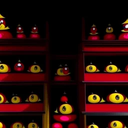A reddish magenta library in a village designed in Matryoshka nesting dolls painted by Wassily Kandinsky