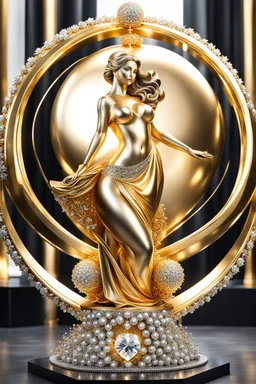 A magnificent golden and silver heart-shaped sign adorned with a stunning golden sphere encrusted with sparkling diamond clusters at its center, elegantly spinning in position,a golden statue of a girl in standing pose