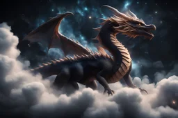 Large depth of field. Majestic dragon rising from clouds on black starry sky background 4k 3d high resolution high stereoscopic look high detail high quality concept art abstract 8k fantasy beautiful elegant intricate colorful focused