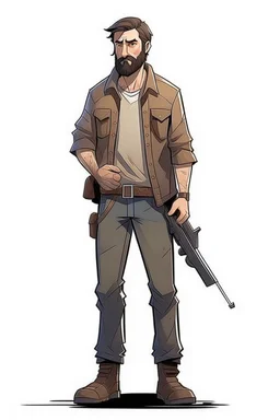 man, beard, brown hair, illustration, looking serious, full body, standing, mean,, looking sideways, holding a riffle