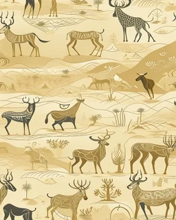 A beige savanna with mammals designed in native American petroglyphs