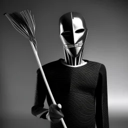 thin stick man with metal face mask black and white