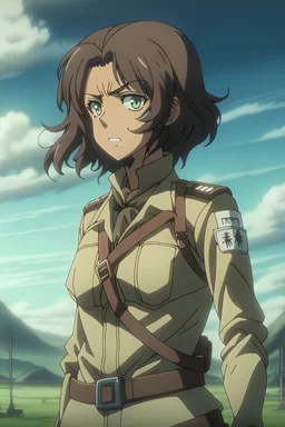 Screenshot from Attack on Titan. Woman with long curly hair, black eyes, brown skin, wearing the clothes of the reconnaissance legion uniform, the background is a landscape Screenshot from MAPPA Studios, Attack on Titan Season 4