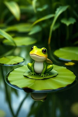 A small, cute, frog-like creature with a lily pad on its back. It's sitting on a lily pad in a calm pond surrounded by green foliage, radiating peaceful, Grass-type energy.