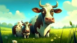 Fantasy digital illustration: older and a little bit sad cow in the meadow