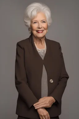 Portrait of an 76 year old democratic female president from Illinois. She has white hair and brown eyes. She looks professional