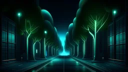 Futuristic street with trees, night