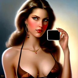 a painting of a woman in lingerie talking on a cell phone, an airbrush painting, by Julie Bell, zbrush central contest winner, wearing leather bikini, brown:-2, made of baked beans, trending on wikiart, pierced navel, davide sorrenti, 3 dimensional, pierced, age 2 0