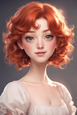 A short girl with thick short wavy red hair, narrow kind eyes with an enthusiastic look. A wide oval face is decorated with an upturned nose and small lips in the style of genshin impact, a full-length ballerina