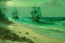 A bluish green beach with a pirate ship painted by John Atkinson Grimshaw