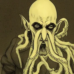 Nosferatu with white skin and a beard made of tentacles as a Russian Orthodox vampire with yellow eyes and vampire fangs