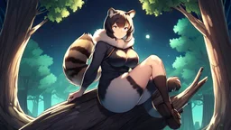 Girl, raccoon tail, raccoon ears, sit on tree, night time, forest