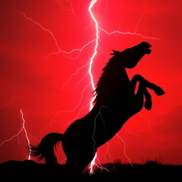 full silhouette of a horse rearing up(outlined by lighting), red sky with lightning, electricity traveling through background
