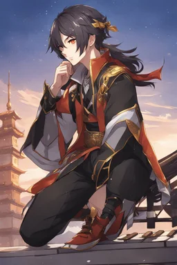 Xiao from Genshin Impact, highly detailed, intricate background, sitting on rooftop, contemplative