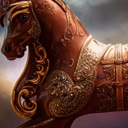 closeup of a beautiful ultra-detailed carousel horse on carousel, 1800s, chiaroscuro lighting , 8k UHD, realistic, matte painting, centered, illustration, muted colors,renaissance, artwork, high-quality, rocco, greg rutowski, howard lyon, brian froud, anne stokes