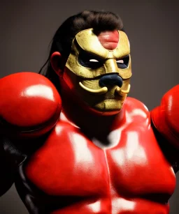 Strong Man, Mexican wrestling, mask, retro 80s style, hot ambient, photo studio, latex color dress, red, gold, vibrant color, highly detailed, art stations, concept art, smooth, unreal engine 5, god rays, ray tracing, RTX, lumen lighting, ultra detail, volumetric lighting, 3d, finely drawn, high definition, high resolution.