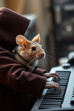 A mouse warring a black coat dressed brown coat, playing the keyboard