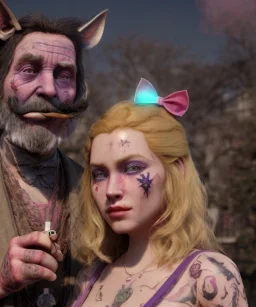 Ultra realistic afternoon photo, happy smoker couple, blonde Alice woman and purple cat smoking a pipe, circus blue dress style, black headband with bow, old school body tattoo, smoke, marihuana garden, glow eyes, perfect iris, soft color, highly detailed, unreal engine 5, ray tracing, RTX, lumen lighting, ultra detail, volumetric lighting, high definition.