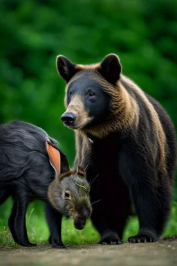 Bear and boar and rabbit hybrid animal, black, photograph
