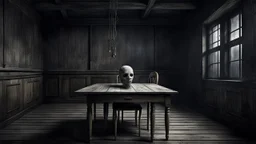 Bizarre dark surrealism, psychological thriller atmosphere. An impossible empty room with no windows and no doors. A single gaunt human-like figure with pale gray skin, an ordinary-sized head, large sunken lifeless eyes, and a tightly sewn-shut mouth with visible black thread stitches across the lips sits alone on one old wooden chair at a long dining table. The table is overflowing with untouched colorful food: roasted meats, pasta, pizza, soup, cakes, fruit, bread and wine. Everything except