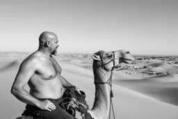 man looking like "Walter White" in breaking bad tv show, bald and goatee, with bare chest riding on a camel in sahara in desert, panorama, black and white photo, staring at a small town in horizon