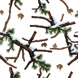 detailed Real Tree Camouflage made of sticks, twigs, dried leaves, pine branches, snow and dirt, white background, seamless repeatable texture pattern imitating a natural forest background