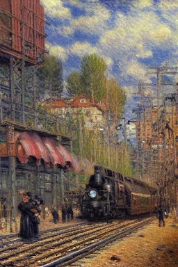 Insanely detailed cyberpunk, technopunk, steampunk train on a train track, high contrast, Impressionist landscape, Impressionist painting, Alfred Sisley, Pierre-August Renoir, Claude Monet, Robert Hagan, textured paint, luminism, hyperrealism, fine art CorporateMemphis