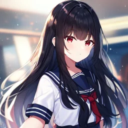 Clear focus, high resolution, black long fluffy hair, red eyes, wearing a sailor uniform