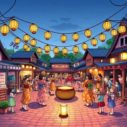 Create a book cover for "Cozy Japan Coloring Book" featuring a joyful Bon Odori festival scene as the central focus. Graceful dancers in colorful yukata perform traditional movements in a circle under strings of glowing paper lanterns. The scene takes place at twilight in a charming village square, with wooden stalls, fluttering festival flags, and curious children holding sparklers nearby. A taiko drum sits at the center of the dance ring, while soft lantern light reflects on the cobblestone gr