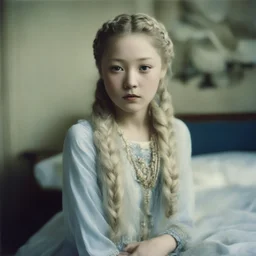Old autochrome of devon aoki , white braids., ,in a bedroom, in 1901, near à blue vase