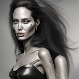 angelina jolie, long black hair, perception of mortality, loose morals, angry at society, disappointed by life, Unreal Engine 5, highly detailed, highest quality, digital painting, complex 3d render, unreal engine render, insane detail, intricate photograph quality, magnificent, majestic, highly intricate, Realistic photography, grand hall, wicked throne, holding scepter, crown of barbwire, dark color palette, metallic, highly detailed, highest quality, digital painting