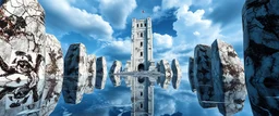 the tower tarot card disaster rendered in magnificient 4d glossy marble stones reflective and wet, like mirrors