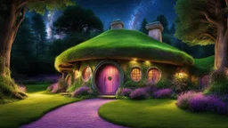 hobbit cottage in the woods surrounded by trees, night, whimsical feel, pinks, blues, purple and green colors, circular hobbit-style door with central knocker, circular hobbit-style windows, green grass roof, lanterns, starlight, chiaroscuro, quaint, homely, inviting, LOTR, Tolkien