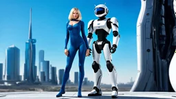 A full-body photograph of a young, slender woman with blond shoulder-length hair in a sleek blue jumpsuit, with an android in a huge metal exosuit with a helmet standing guard beside her, standing in a futuristic cityscape with advanced spacecraft behind them