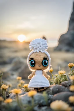 Adventure Amigurumi style, solo, looking at me, standing, full body, barby in bride dress,blurry, big beautiful chibi-style eyes, blurry background, Best quality, masterpiece,bride Art in the style of [Sack Boy | Gene Bilbrew | chibi-style | Amigurumi | Jeff Gord | Temmie | Ransom & Mitchell], unique sculptures, surreal and abstract forms through human forms, illustrative techniques and themes, prominent in magazines during the mid-20th century, detailed ink work, by Satori Canton🧸