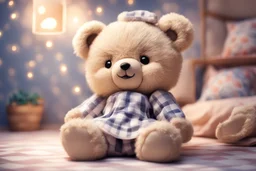 cute anime chibi teddy bear in a checkered sleeping dress in a kids room at night in moonshine Weight:1 heavenly sunshine beams divine bright soft focus holy in the clouds Weight:0.9