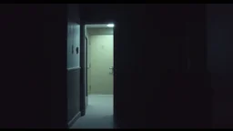 motel door slightly open, dim light inside, empty room, grainy candid photograph, documentary style