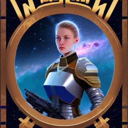 centered portrait of female soldier sitting on throne, wearing no helmet, by a starship window with a view to the milky way, hi detail, book cover illustration