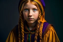 A bandit girl , purple medieval costume , emerald eyes , a long orange yellow braided braid