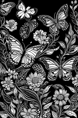 Large Print Butterflies and Flowers black and white outline