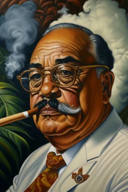 Painting portrait of samoan king with glasses and mustache and cigar