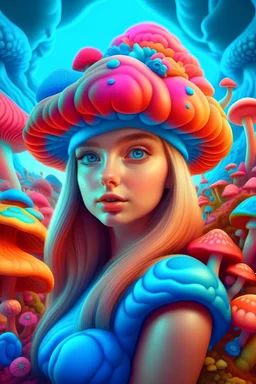 A beautiful fairy girl portrait, mushrooms colorful psychedelic colors, whimsical candy land filled with oversized sweets, colorful landscapes, candy land, colorful, render in 3d realism, psychedelic surrealism, 8K resolution